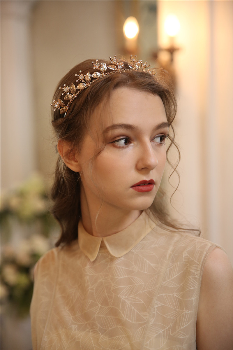 Rhinestone Fancy Gold Leaves Flower Hair Jewelry Women Bridal Tiaras Crowns