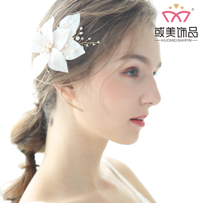 Pink Flower Headband Pearl Wedding Headdress Accessories Jewelry Hair Clip