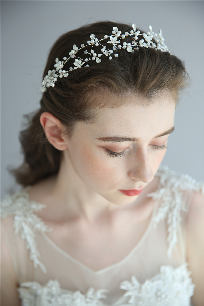Crystal Flower Bridal Accessories Hairband Handmade Silver Fancy Pearl Headpieces