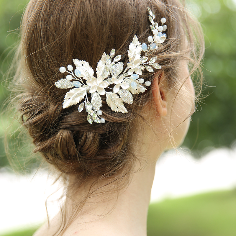 Handmade Crystal Silver Leaf Hairband Bridal Accessories Jewelry Wedding Women Fancy Hair Clips 
