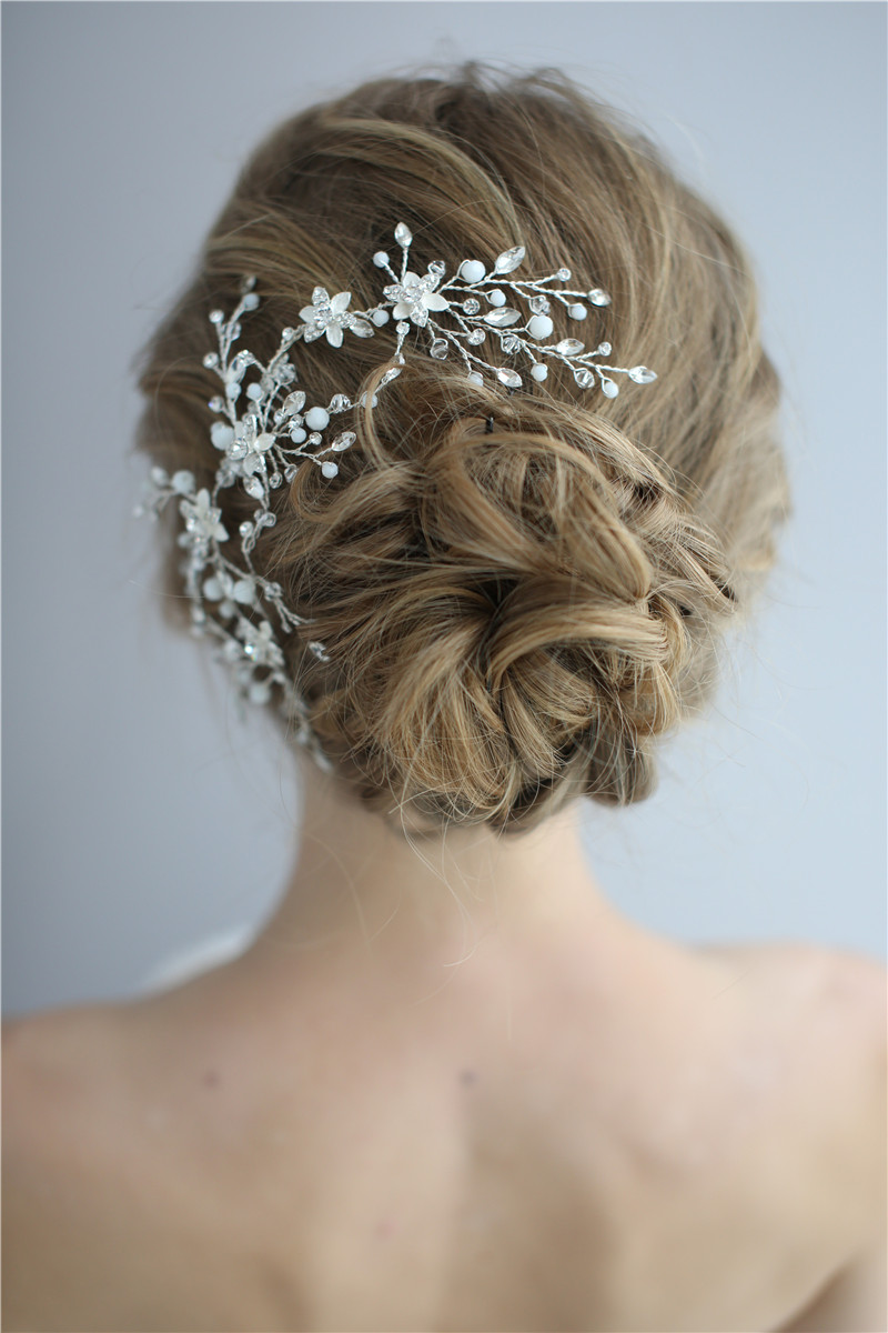 Crystal Silver Bridal Hair Accessories Flower Fancy Wedding Headdress Side Hair Combs For Thik Hair