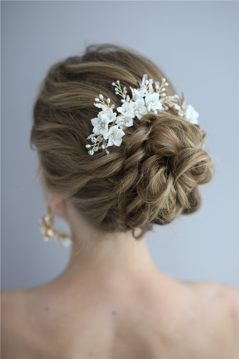 Hair Comb Earring Ceramics Crystal Flower Women Hair Ornament Handmade Bridal Prom Accessories