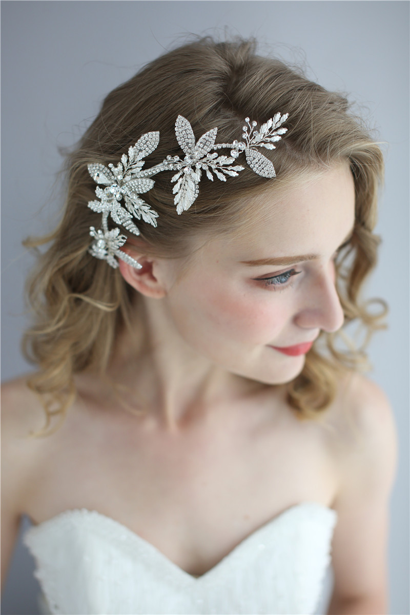 Rhinestone Silver Leaf Handmade Wedding Accessories Bridal Hair Clips 