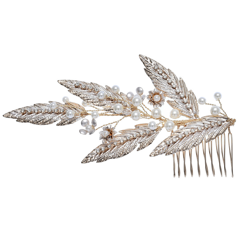 Alloy Leaf Flower Crystal Jewelry Pearl Rhinestone Bride Hair Comb