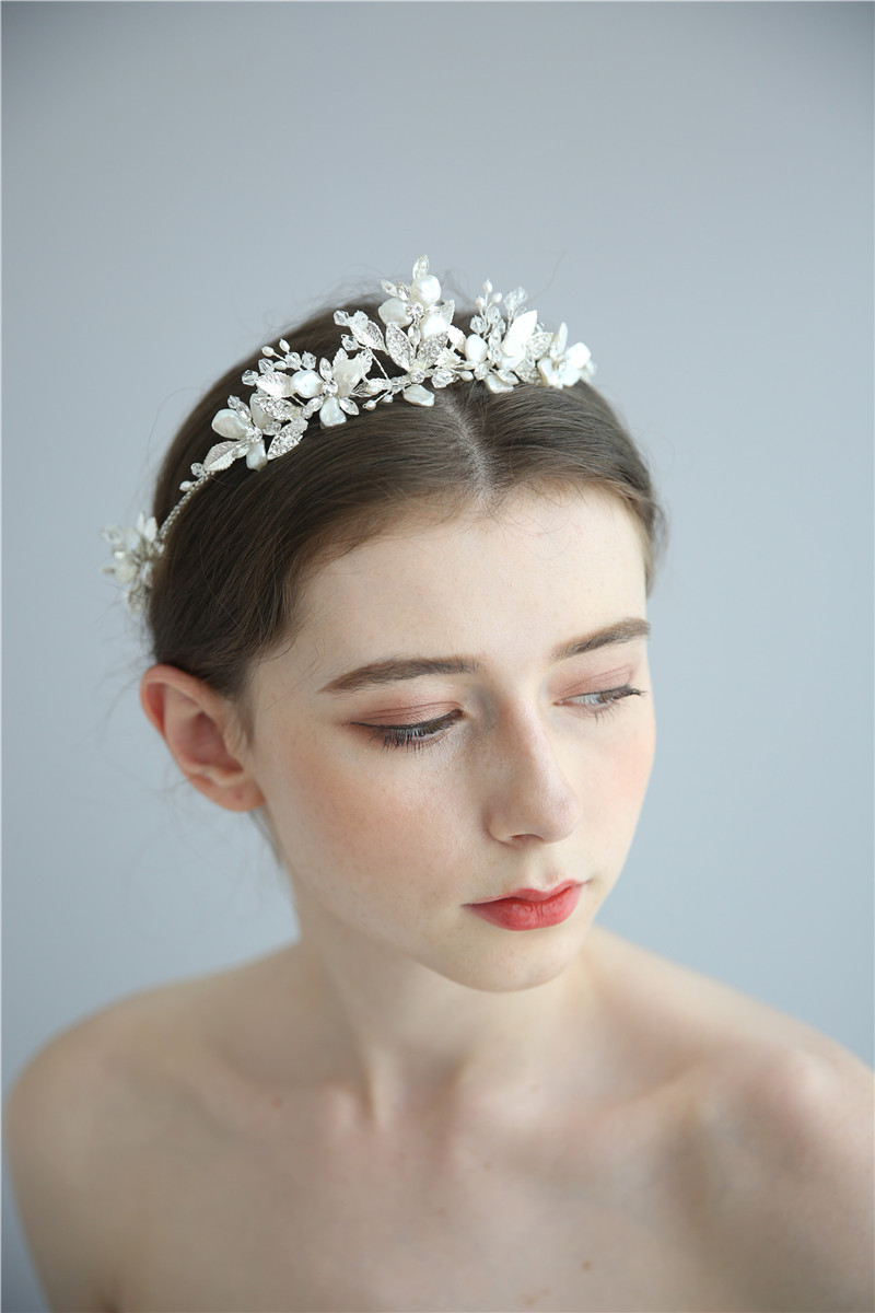 Handmade Headdress Silver Leaf Flower Crystal Hairbands Crown Shell Floral Hair Combs For Women