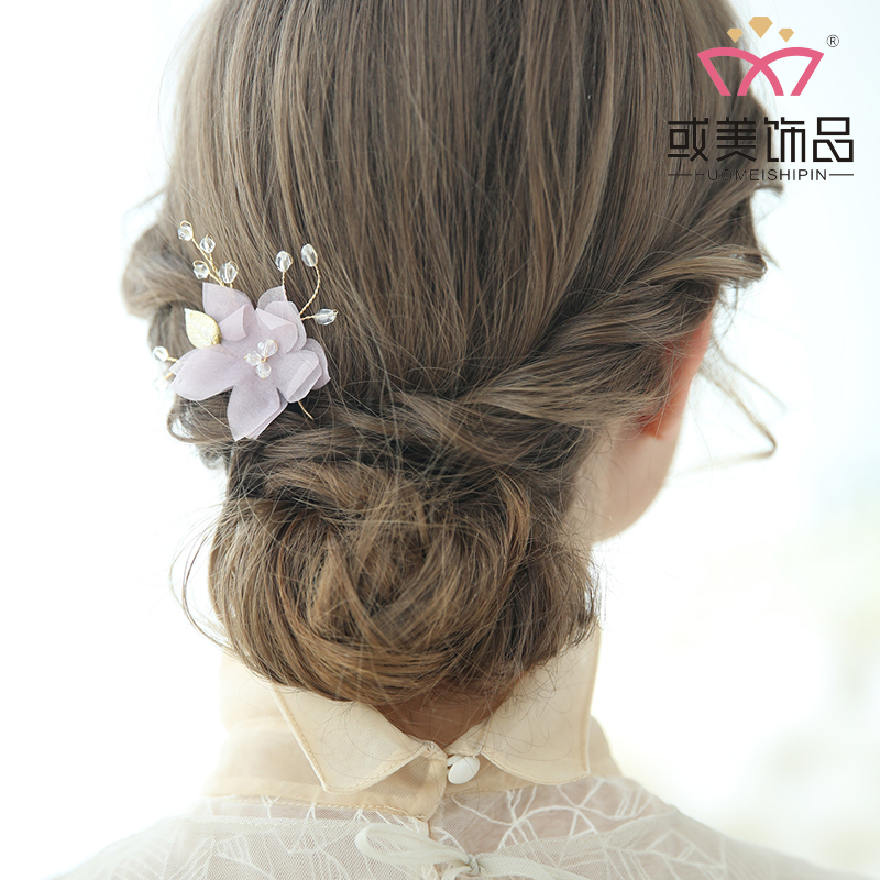 Silk Flower Beaded Hair Jewelry Accessories Bridal Wedding Gold Leaf Fancy Hair Pin