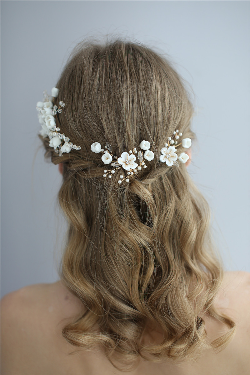 Ceramic Flower Bridal Accessories Headpiece Handmade Women Hair Combs