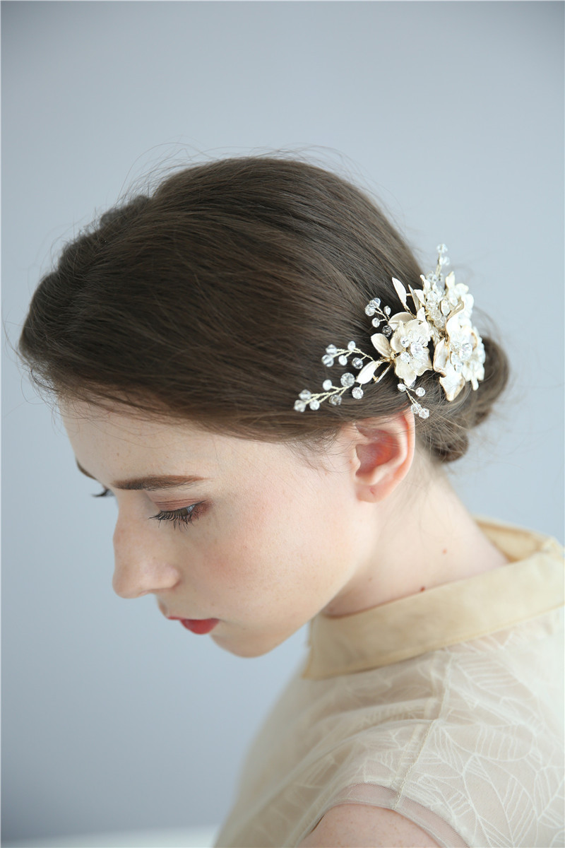 Handmade Prom Dress Hair Decoration Wedding Gold Flower Bridal Hair Combs