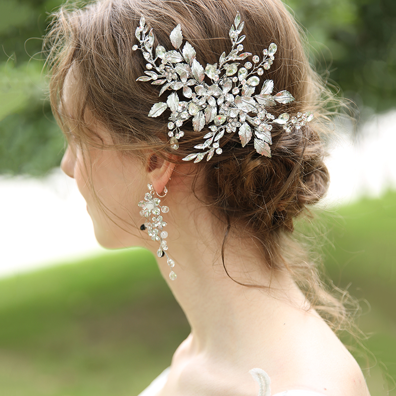 Handmade Fancy Silver Bridal Hair Jewelry Accessories Metal Crystal Leaf Hairgrip Hair Clips For Girl
