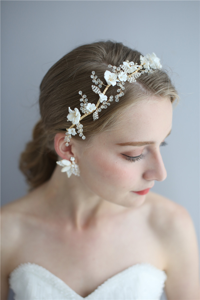 Flower Hairbands Earring Brides Ceramics Head Wear Pearl Hair Accessories Women Tiaras