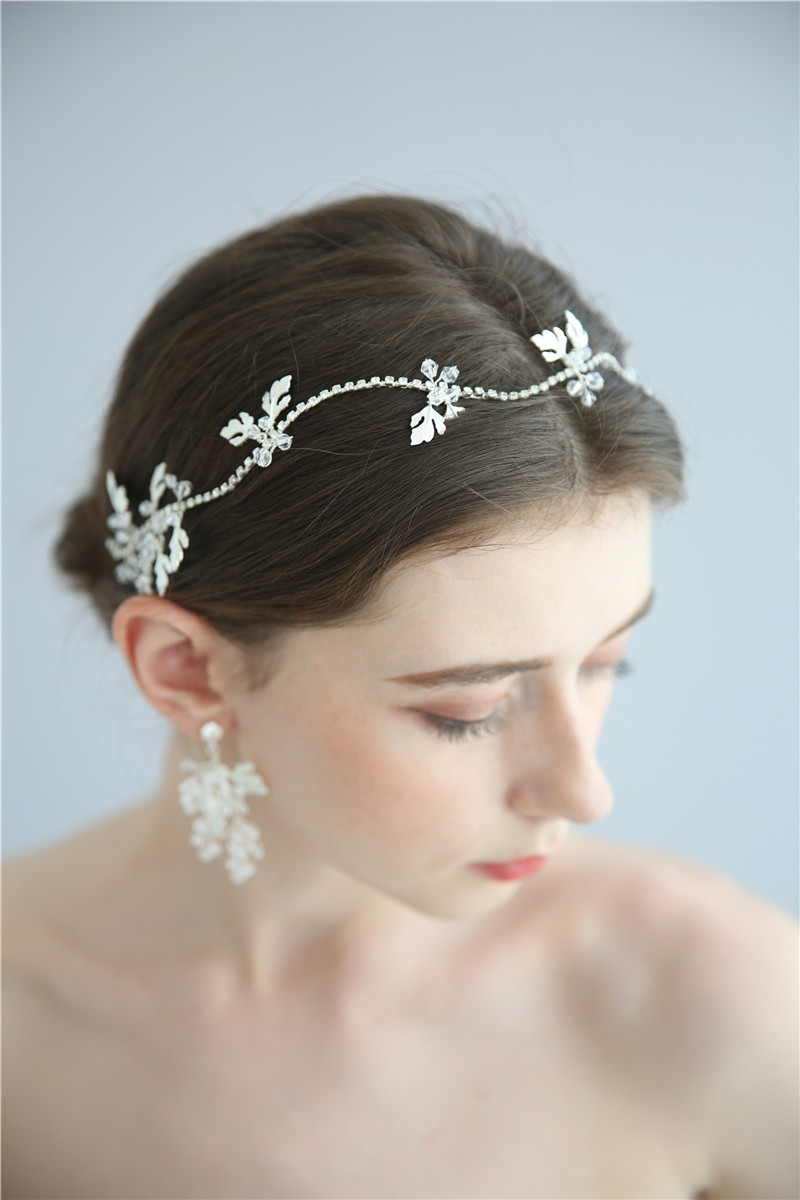 Flowers Hairband Pendant Earring Tiaras Gold Handmade Floral Bridal Headpiece Set
