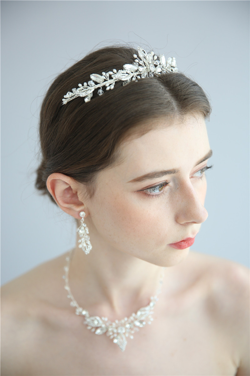 Handmade Bridal Crystal Pearl Necklace Earrings Crowns Wedding Jewelry Set