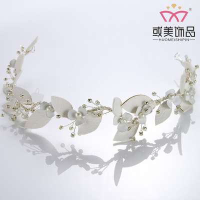 Leather Leaf Crystal Bridal Hair Jewelry Accessories Bridal Pearl Flower Headpiece