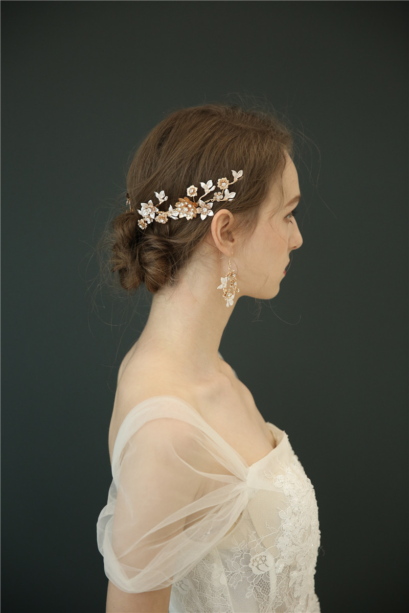 Bride Tiara Original Design Handmade Gold Rhinestone Hair Clips Earring Set