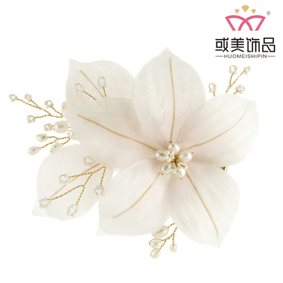 Pink Flower Headband Pearl Wedding Headdress Accessories Jewelry Hair Clip