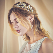 Handmade Bride Freshwater Pearl Beads Drop Earrings Gold Leaves Rhinestone Crowns Tiaras
