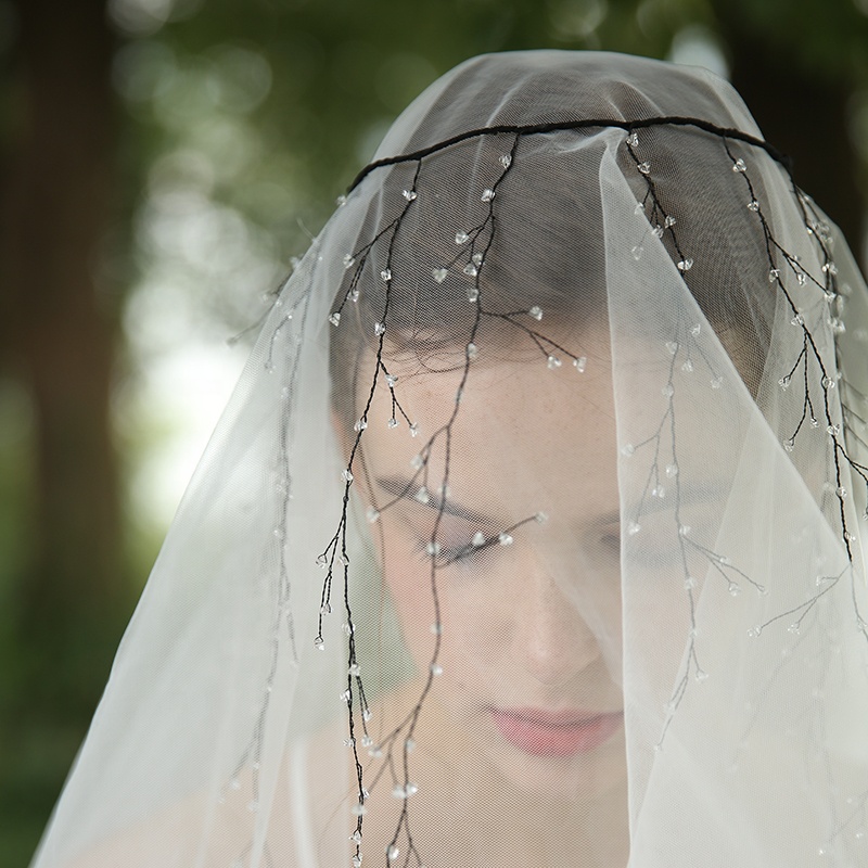 Handmade Black Lace Drop Long Bridal Veil Crystal Vine Headdress White Bridal Veils