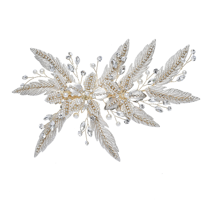 Elegant Decorative Rhinestone Hair Clip Pearl Leaf Design Bridal Side Headpiece