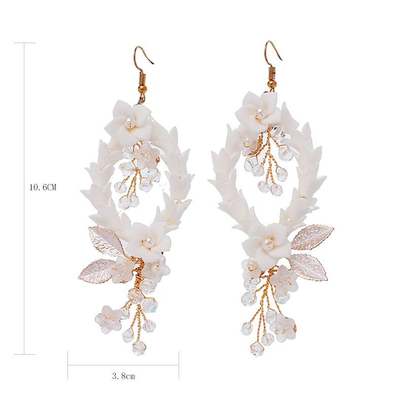 Handmade Gold Leaves Hook Earrings Bridal Ceramic Flowers Pearl Wedding Earrings