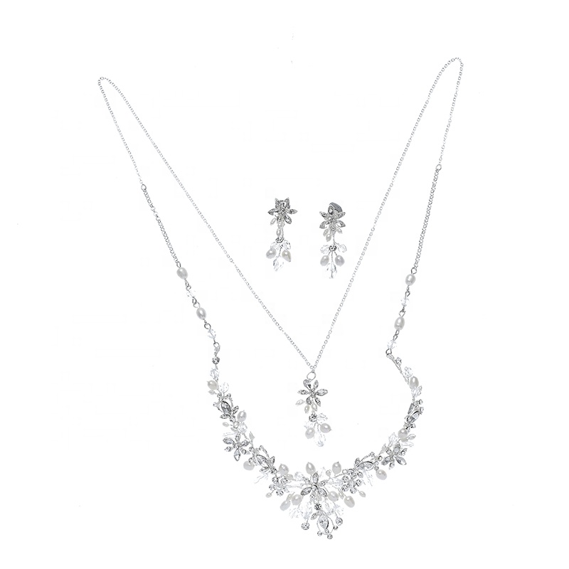 Silver Big Rhinestone Flower Hair Comb Bridal Earrings Necklace Jewelry Headpiece Set