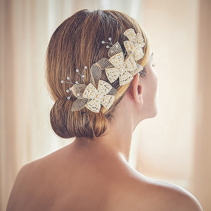 Handmade Mesh Cloth Flower Pearls Bridal Hair Comb Set 