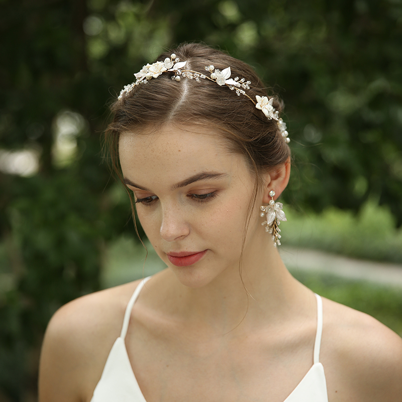 Fairy Flower Leaves Wedding Hairband Earrings Jewelry Set With Pearl Rhinestone Decorated