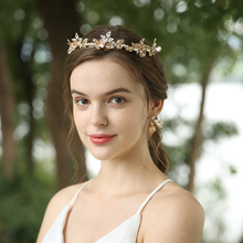 High Quality Gold Tone Leaves Peal Wedding Headband Headpiece And Earrings Jewelry Sets