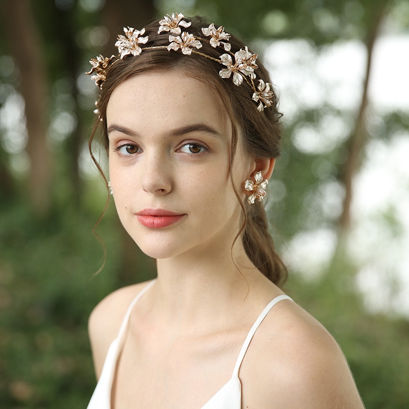 Beautiful Wedding Copper Flowers Headband Earrings Jewelry Sets For Women