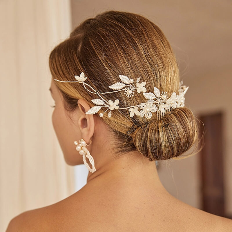Handmade Pearl Leaves Flower Bun Up Headdress Wedding Party Prom Side Hair Combs