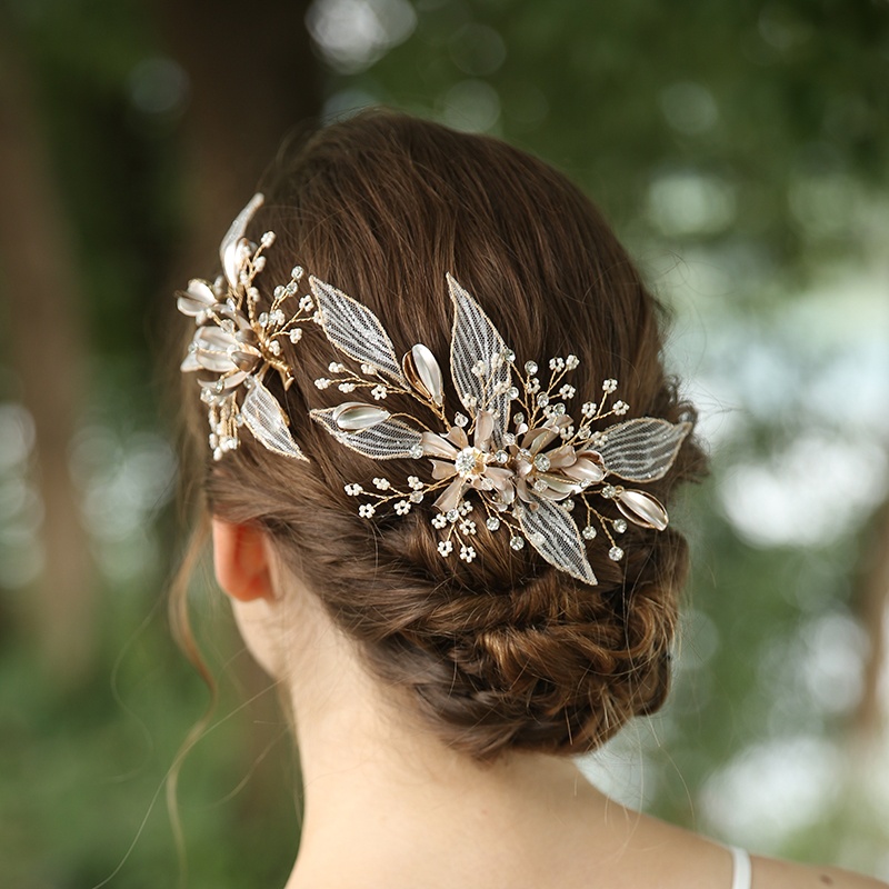 Handmade Wedding Lace Rhinestone Floral Leaf Design Bridal Hair Clips