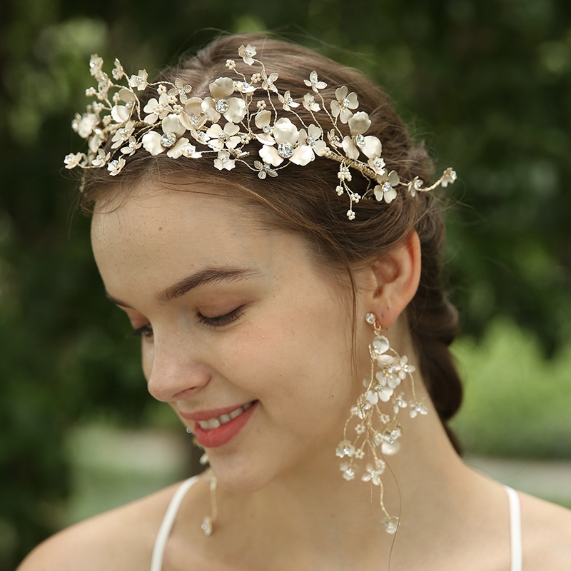 Handmade Gold Blossom Flowers Copper Headband And Earrings Jewelry Set For Bride