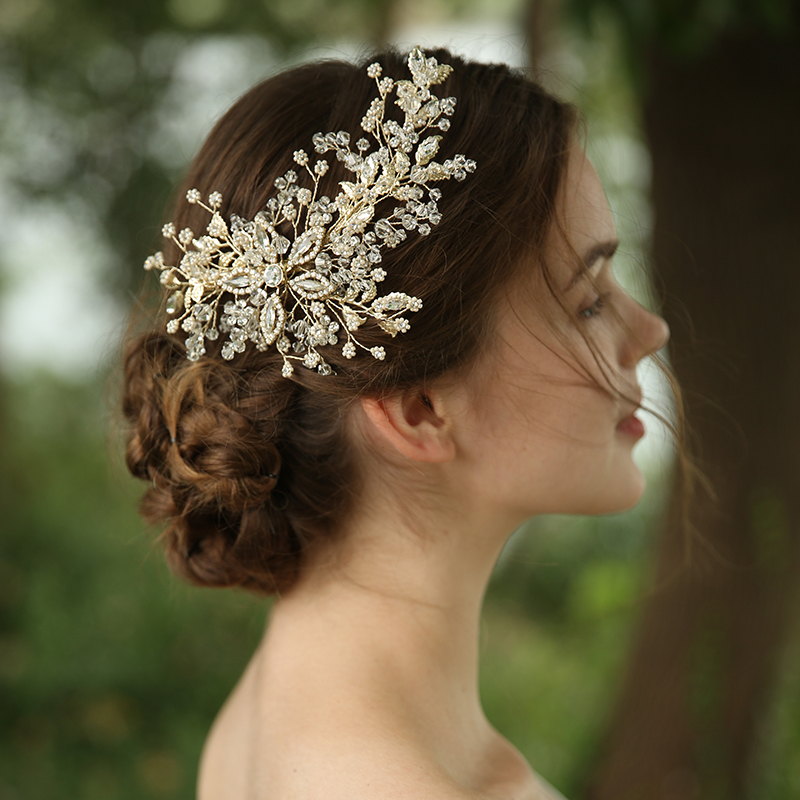 Latest Design Rhinestones Gold Tone Flower Bridal Headpiece 
