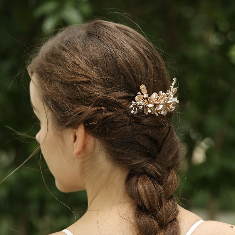Handmade KC Gold Rhinestone Flower Leaves Wedding Bridal Hair Comb 