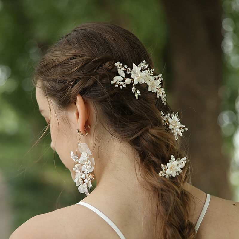 Bridal Accessoires Set Handmade Pearl Crystal Bridal Flower Hair Pins Earrings Haircomb Jewelry Set For Women