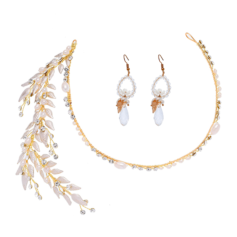 Handmade Bride Freshwater Pearl Beads Drop Earrings Gold Leaves Rhinestone Crowns Tiaras